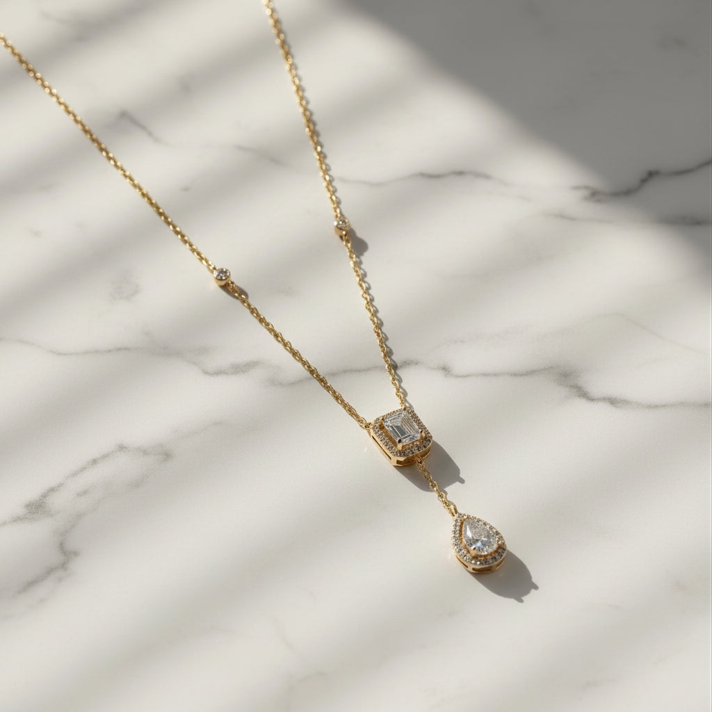 Emerald Pear Drop Halo Necklace